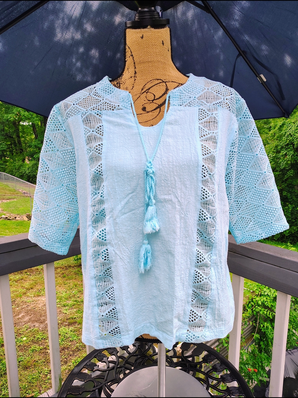 Light Blue Crochet Panel Tassel Tunic Top Boho Beach